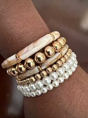 Gold and Pearl Multi-Strand Women's Bracelet Stack